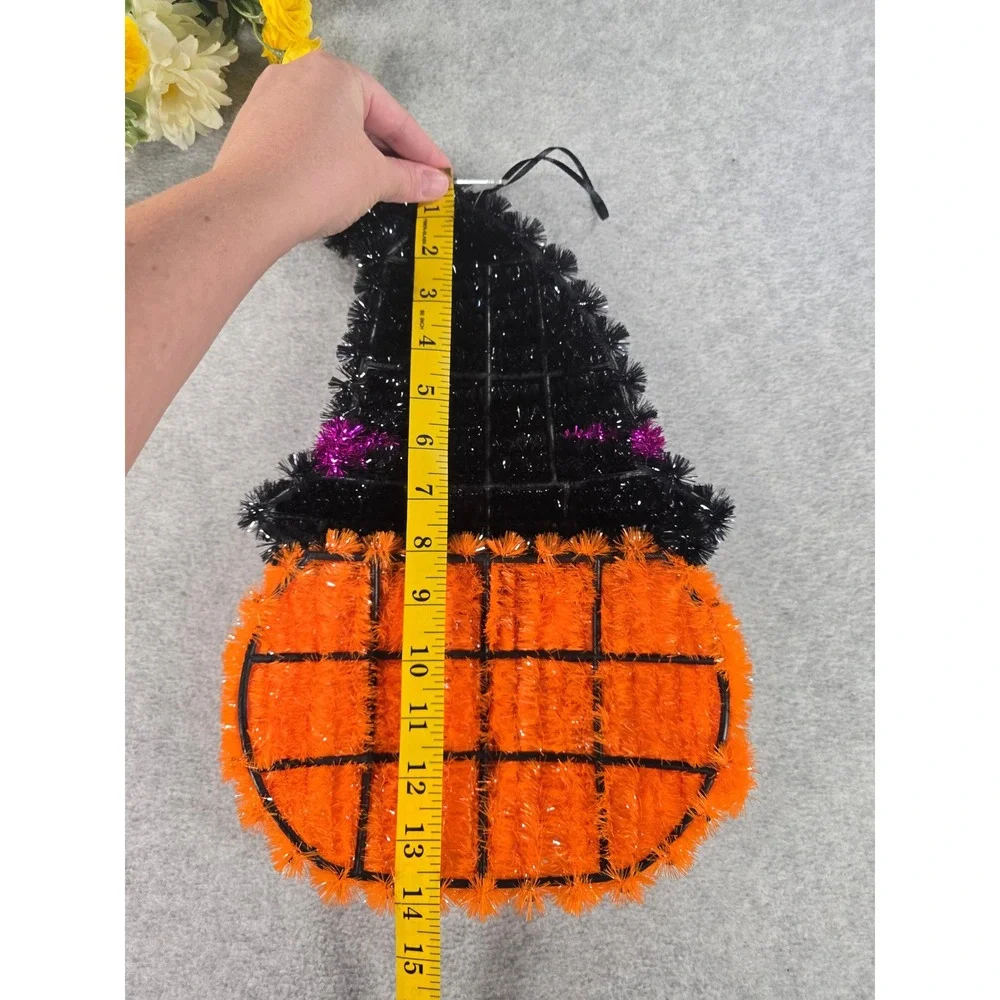 Vintage Y2K Pumpkin Wall Hanging Orange Halloween Tinsel Witch Hat Decor 14